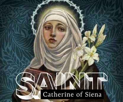 Saint Catherine of Siena in traditional Dominican habit holding lilies and a crucifix