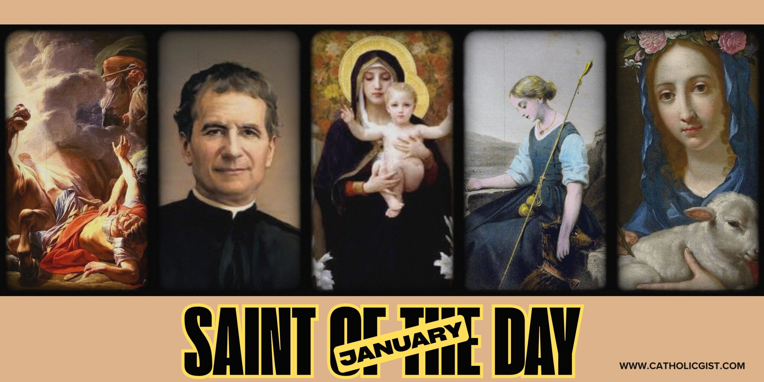 Collage of January Catholic saints including Mary, Mother of God, Saint John Bosco, Saint Agnes, Saint Genevieve, and the Conversion of Saint Paul