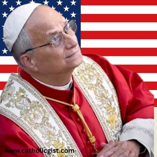 Pope Leo XIV, the first American-born pope, in red papal vestments with gold embroidery, set against the United States flag, symbolizing the historic shift in American Catholicism one year after Pope Francis's death.