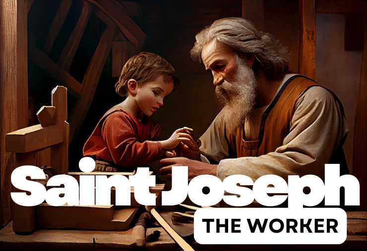 Saint Joseph tutoring the Child Jesus with carpenter tools, symbolizing his role as protector and worker.