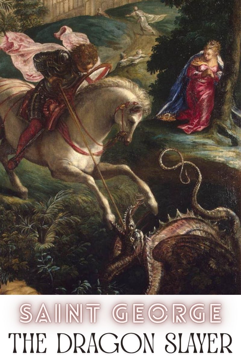 Illustration of Saint George in armor slaying a dragon with a lance, symbolizing victory of faith over evil.