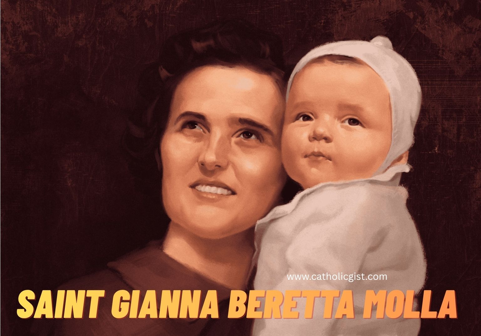 St. Gianna Beretta Molla, an Italian doctor and mother, portrayed in a serene pose reflecting faith and compassion