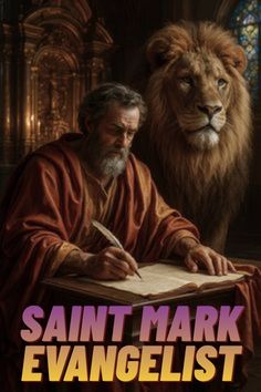 Saint Mark the Evangelist writing a Gospel book with a winged lion symbol nearby