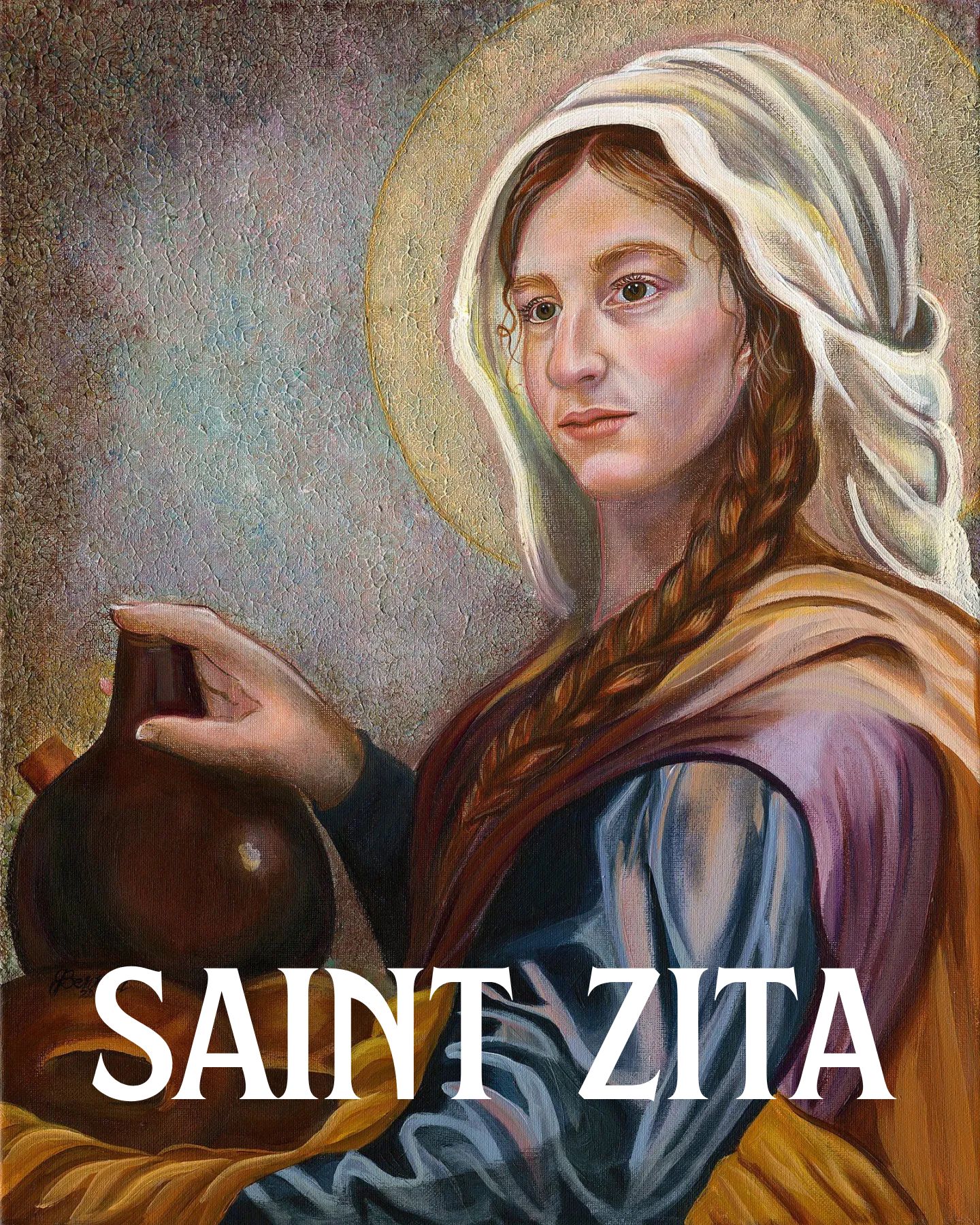 Saint Zita of Lucca depicted in humble servant’s clothing, holding keys and a bread basket, symbolizing charity and service to the poor.