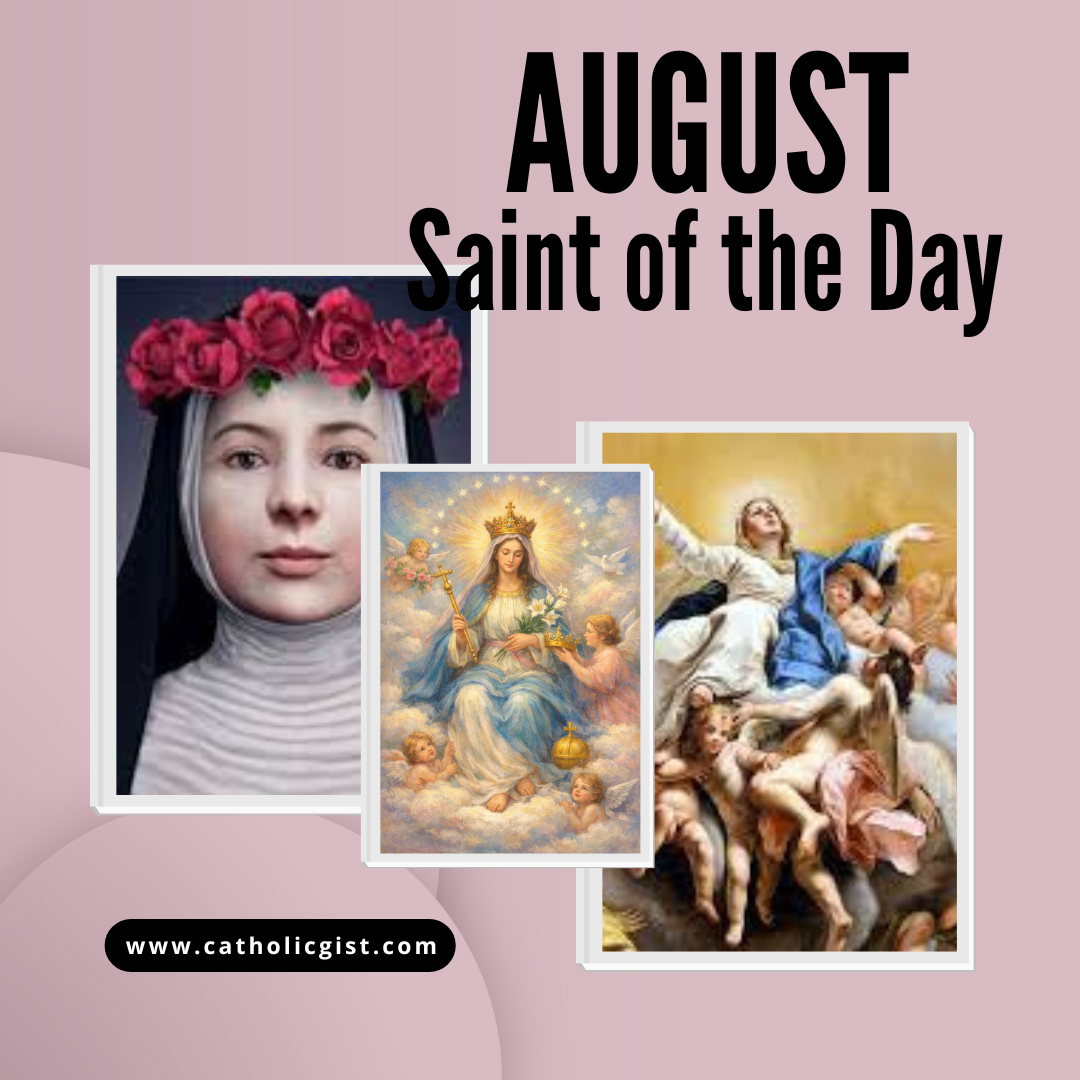 August Saints and feastdays, Assumption of Mary icon surrounded by August saints including Dominic, Lawrence, Clare, Bernard, Augustine, and John Paul II, representing the Immaculate Heart and Queenship of Mary