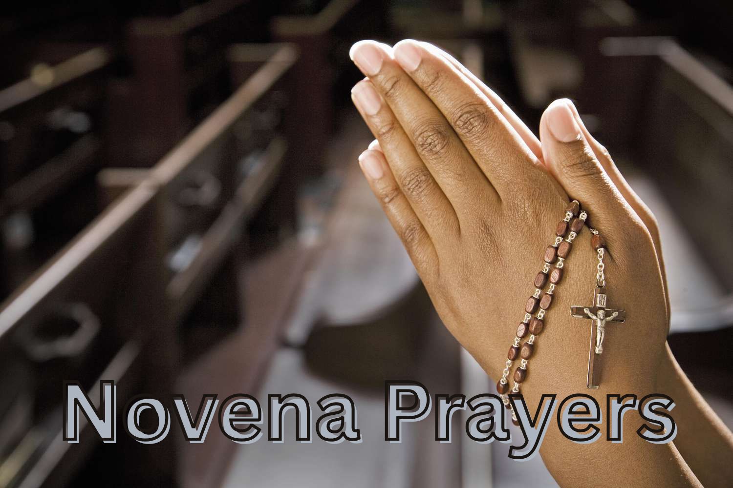 Collection of Catholic novena prayer candles, rosary beads, and sacred devotional cards arranged on a wooden surface, representing traditional nine-day prayer practices in the Catholic faith.