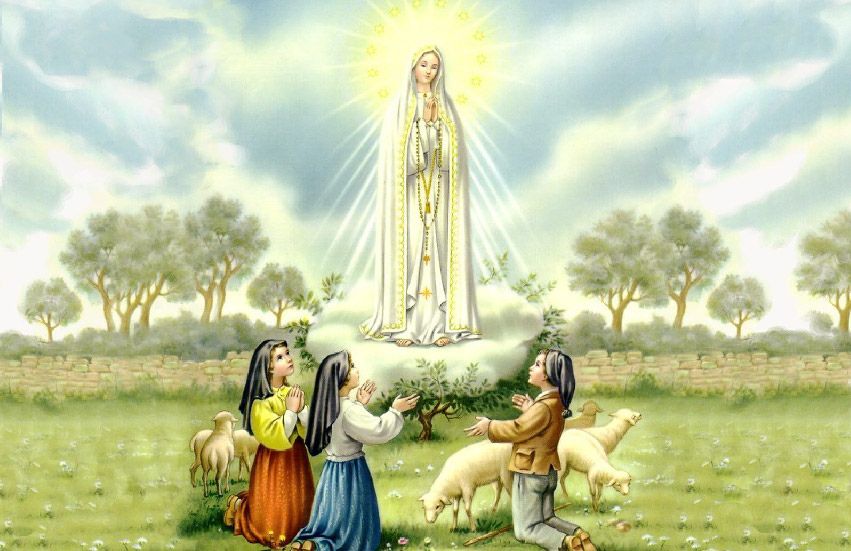 A brilliant apparition of the Virgin Mary in white and gold appears to three young shepherd children in a rocky Portuguese field in 1917, with the sun radiating behind her.