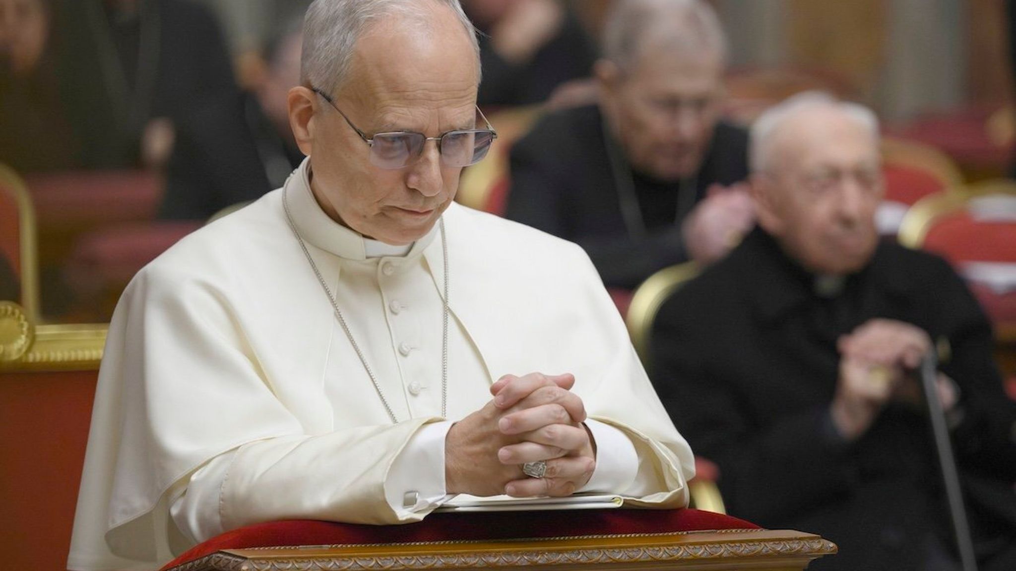 Pope Leo XIV praying during Mass for his May 2026 prayer intention on food and hunger