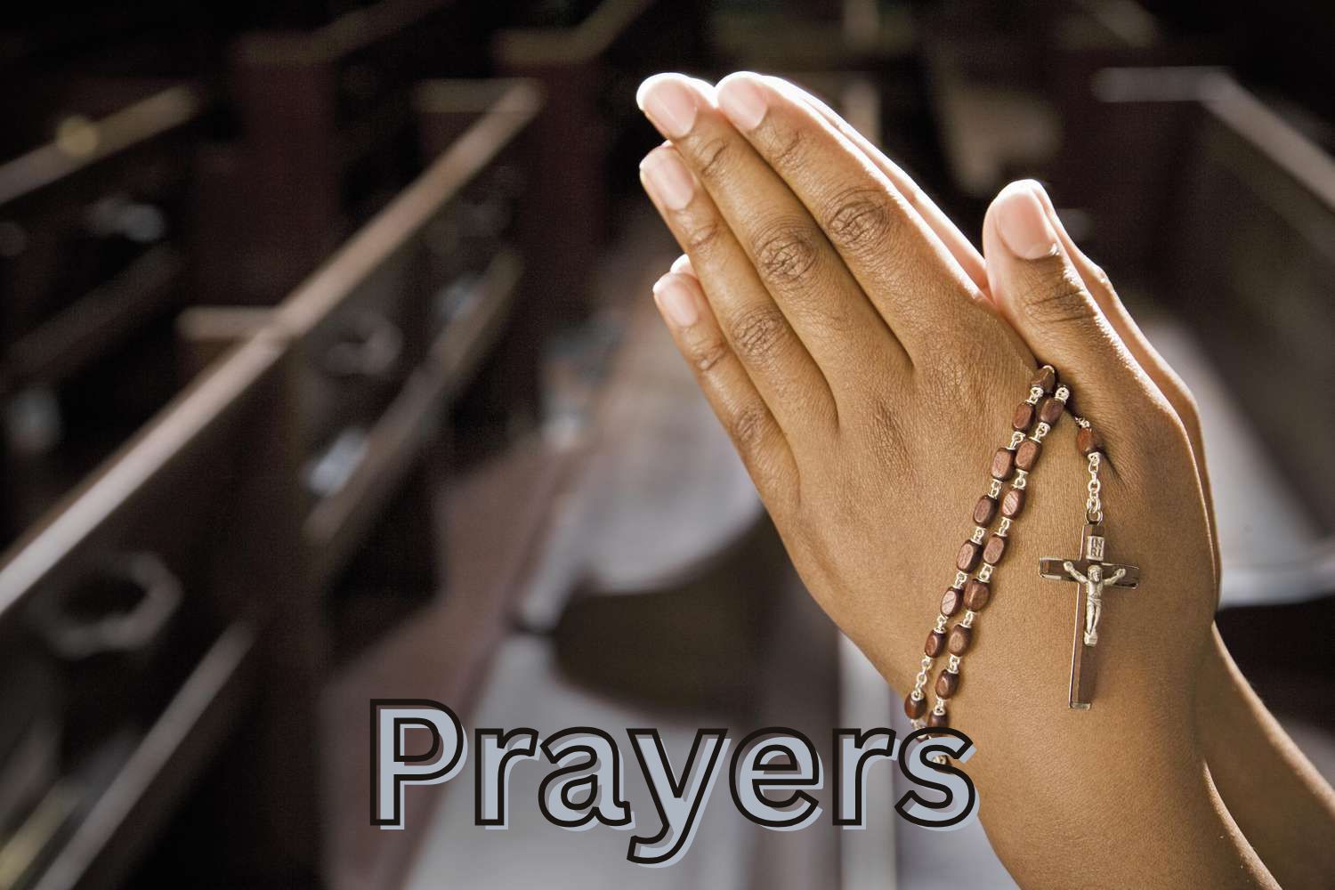 Person kneeling in prayer with hands clasped, soft candlelight illuminating an open Bible and rosary beads on a wooden table, representing Christian devotion and spiritual communion.