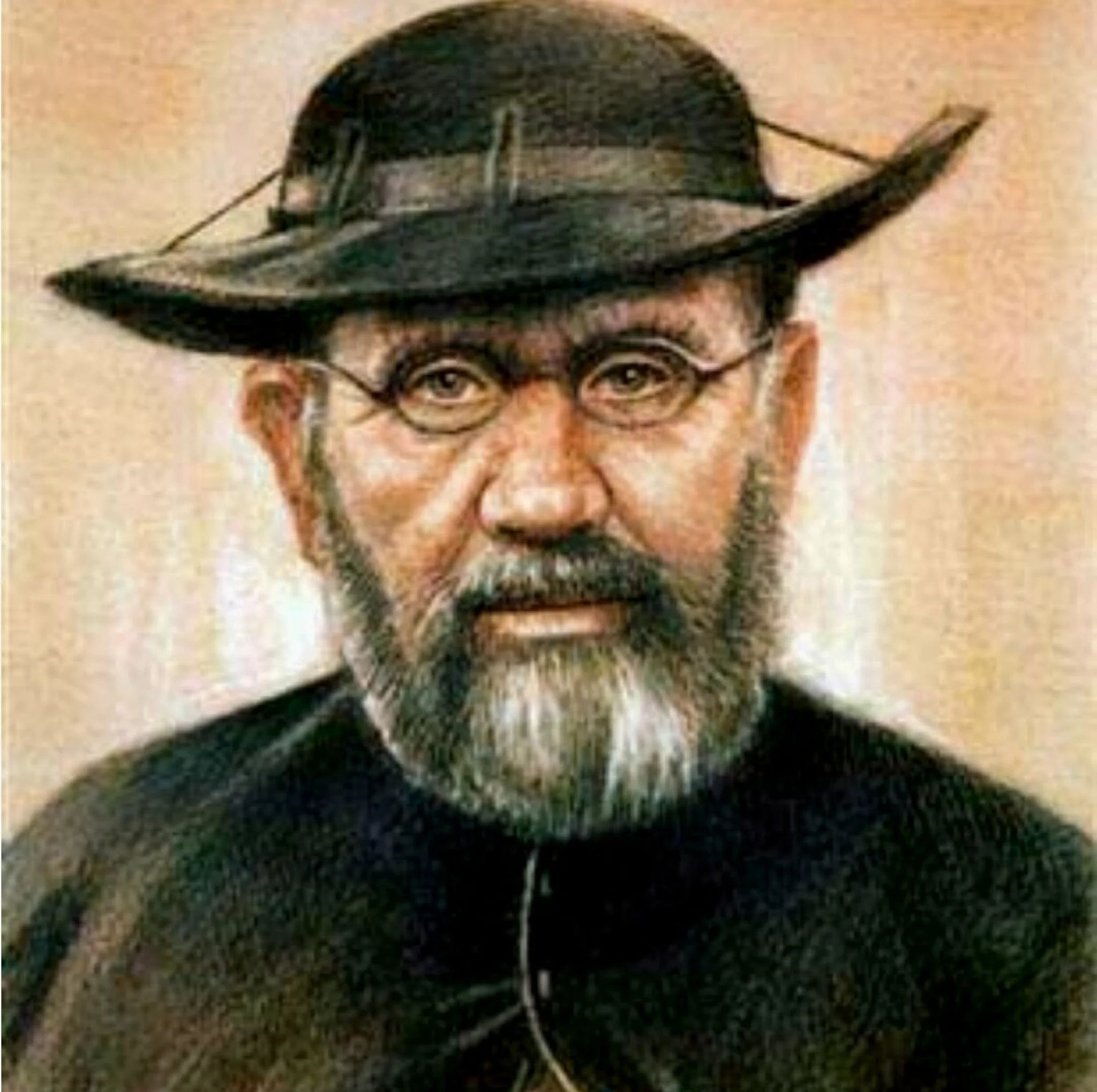 Saint Damien of Molokai dressed in priestly clothing while ministering to people suffering from leprosy in the Hawaiian colony of Kalaupapa.