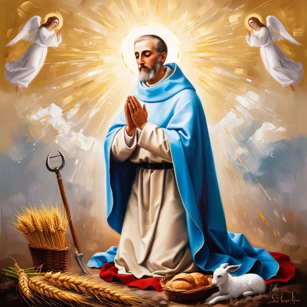 Saint Isidore the Farmer praying in a field while angels plough the land beside him