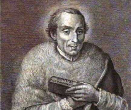 Portrait of St. John Baptist de Rossi in priestly vestments ministering to the sick and poor of Rome, depicting the Apostle of the Abandoned and patron of Voltaggio.