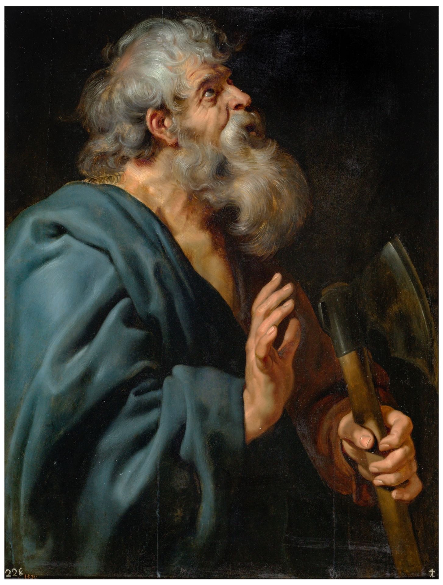 Icon of Saint Matthias the Apostle holding a halberd, symbolizing his martyrdom, with a crown of martyrdom above his head, representing the twelfth apostle chosen to replace Judas Iscariot.