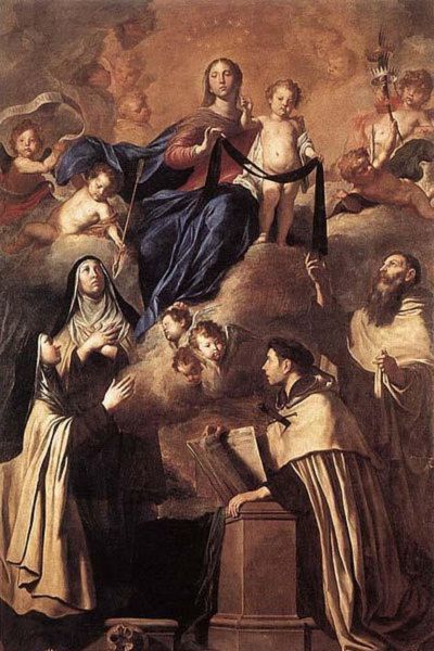 Religious artwork depicting St. Simon Stock receiving the Brown Scapular from the Virgin Mary, showing the saint in Carmelite habit kneeling before the Blessed Mother who presents the sacred garment.