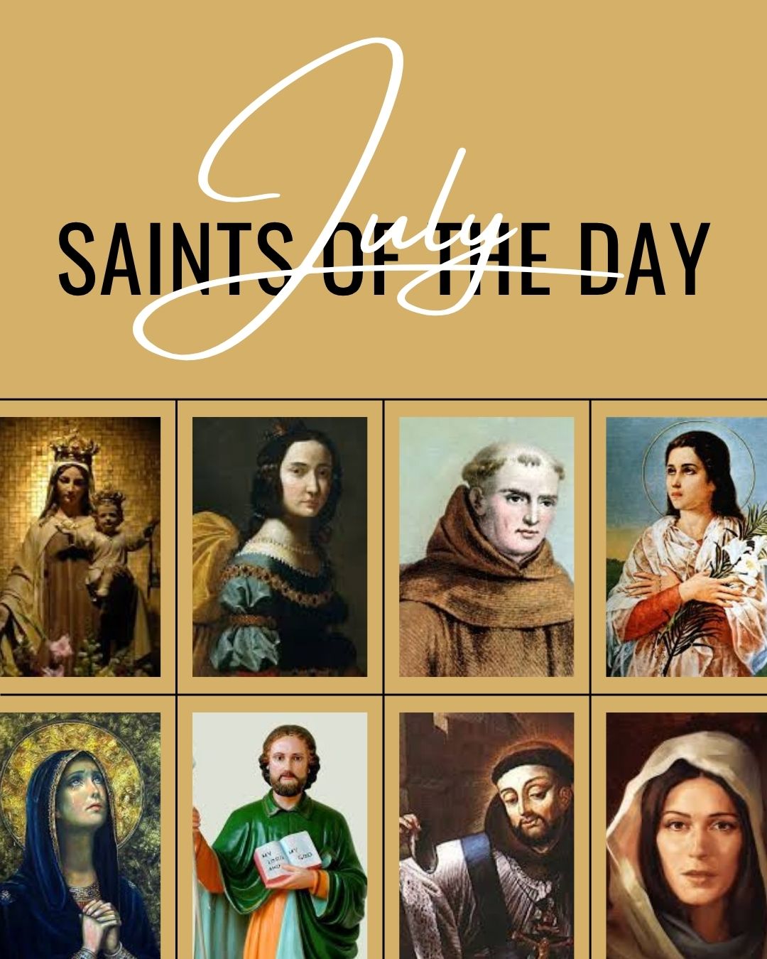 Illustrated calendar of July saints featuring St. James the Greater as a pilgrim, St. Mary Magdalene with ointment jar, and St. Ignatius of Loyola in Jesuit robes