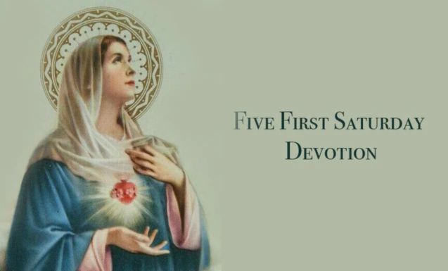 Image of the Immaculate Heart of Mary with the inscription “Five First Saturday Devotion.”