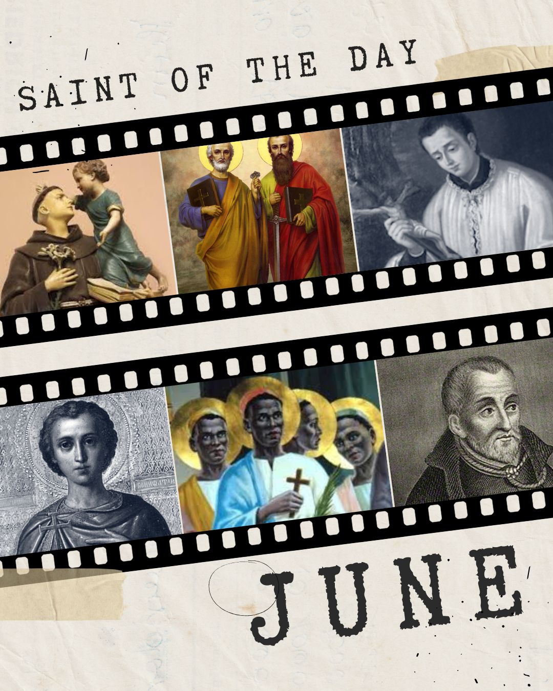 Collage featuring popular Catholic saints celebrated in June, including St. Anthony of Padua, St. Charles Lwanga and Companions, St. Aloysius Gonzaga, St. Barnabas, St. Boniface, St. Justin Martyr, St. John the Baptist, and Saints Peter and Paul