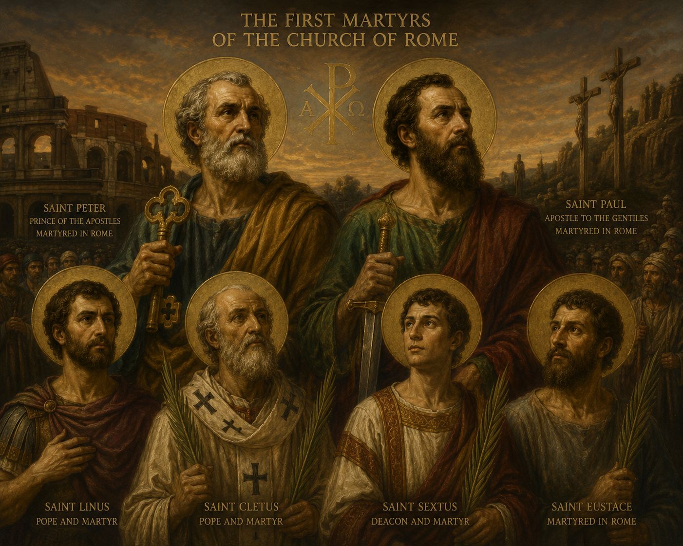 First Martyrs of Rome depicted in historical artwork, showing early Christians suffering persecution under Emperor Nero after the Great Fire of Rome in 64 AD