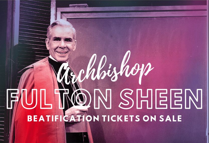Archbishop Fulton J. Sheen in bishop's vestments, representing America's soon-to-be-beatified Catholic media evangelist