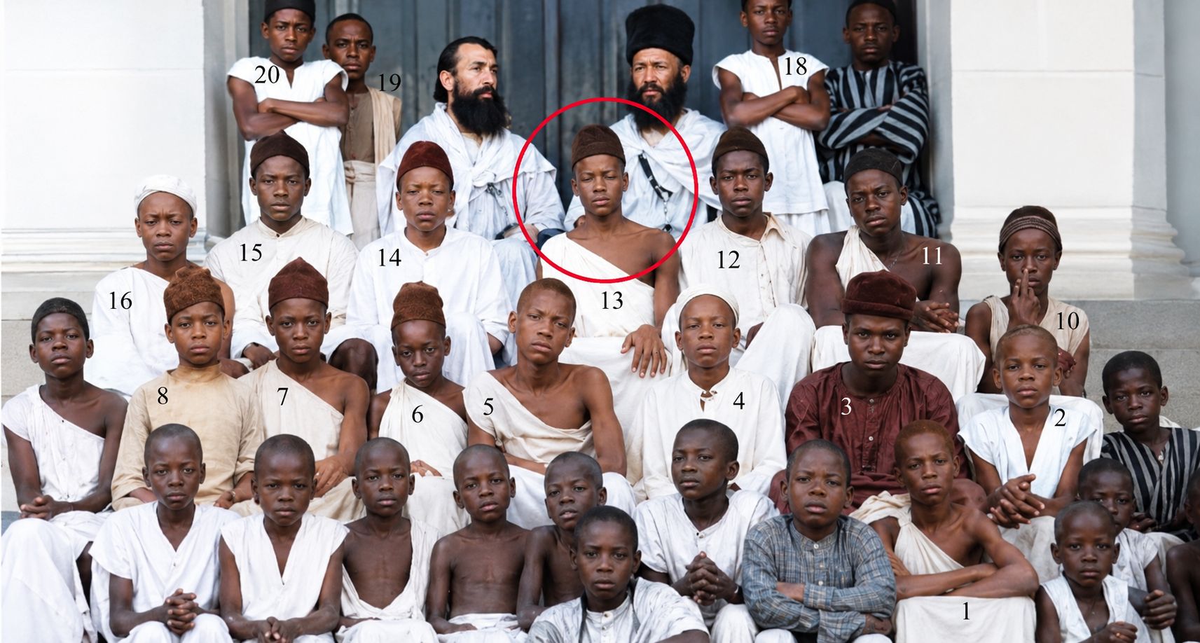 Historical photograph of St. Charles Lwanga and the Uganda Martyrs, numbered for identification