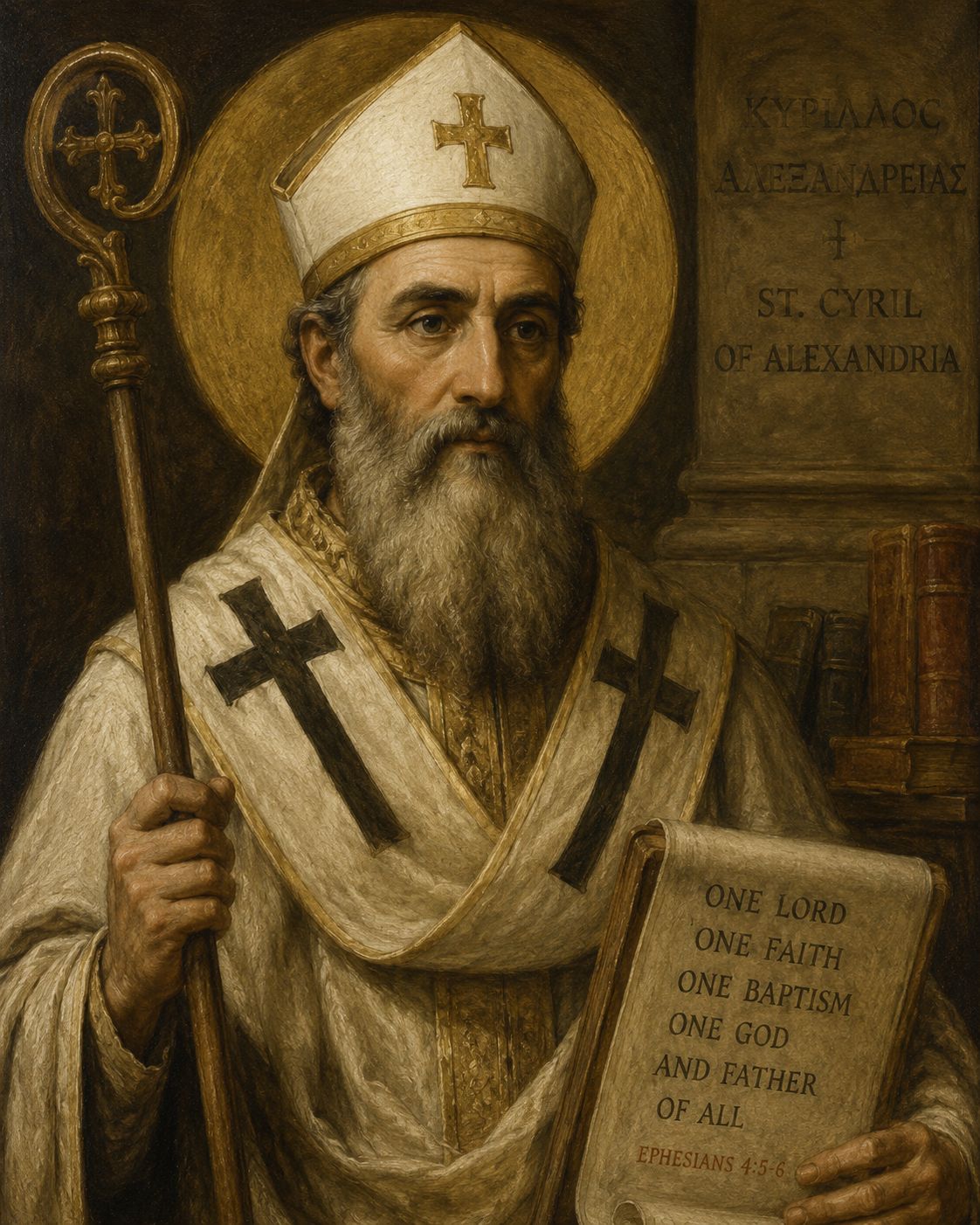 Saint Cyril of Alexandria depicted in traditional bishop's vestments holding a gospel book, symbolizing his role as Doctor of the Church and defender of orthodox Christology