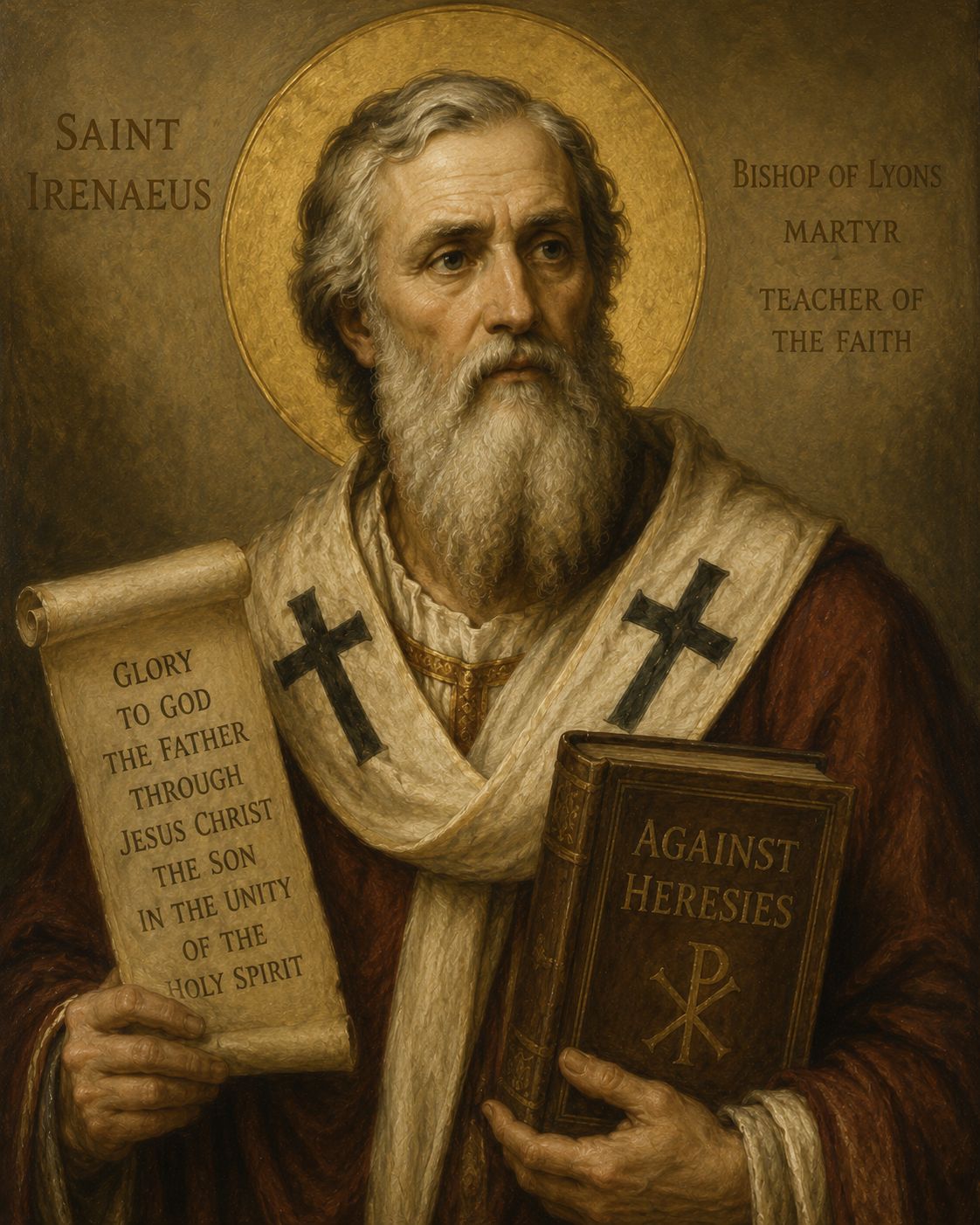 Saint Irenaeus of Lyon depicted in bishop's vestments holding a book, symbolizing his role as Church Father and defender of orthodoxy against Gnosticism.