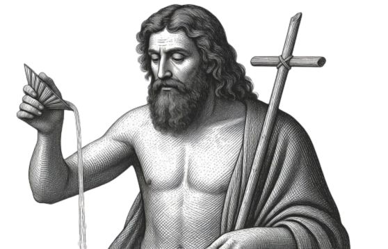 Saint John the Baptist depicted in traditional Christian iconography wearing camel-hair garments and holding a staff, symbolizing his role as the Forerunner of Christ