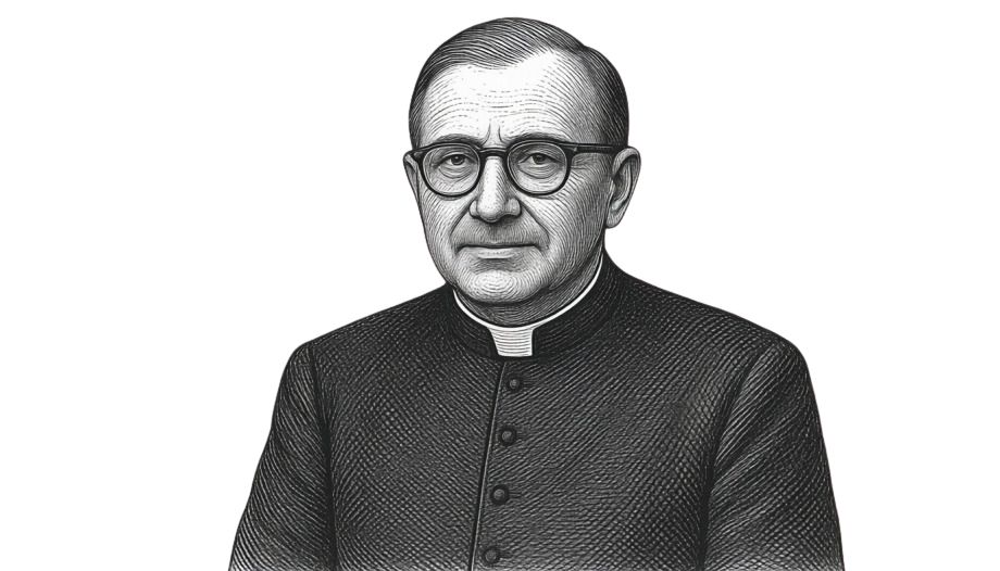 Saint Josemaría Escrivá de Balaguer, founder of Opus Dei, shown in clerical attire with a warm smile, embodying his message of holiness in everyday life