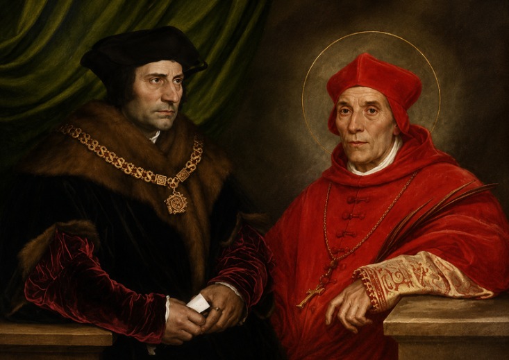 Saints Thomas More and John Fisher, martyrs of the English Reformation, wearing their respective robes and symbols of sainthood