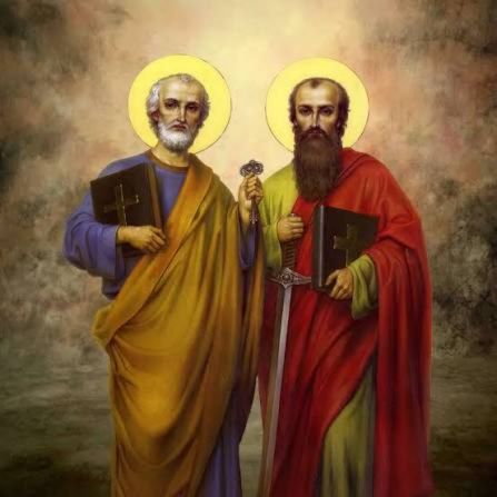 Saints Peter and Paul depicted together in traditional Christian iconography, Peter holding keys and Paul holding a sword, symbols of their respective martyrdoms and apostolic authority
