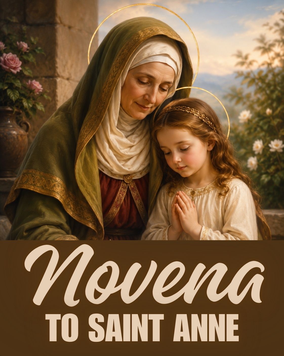 Novena to Saint Anne prayer card showing Saint Anne teaching the young Virgin Mary