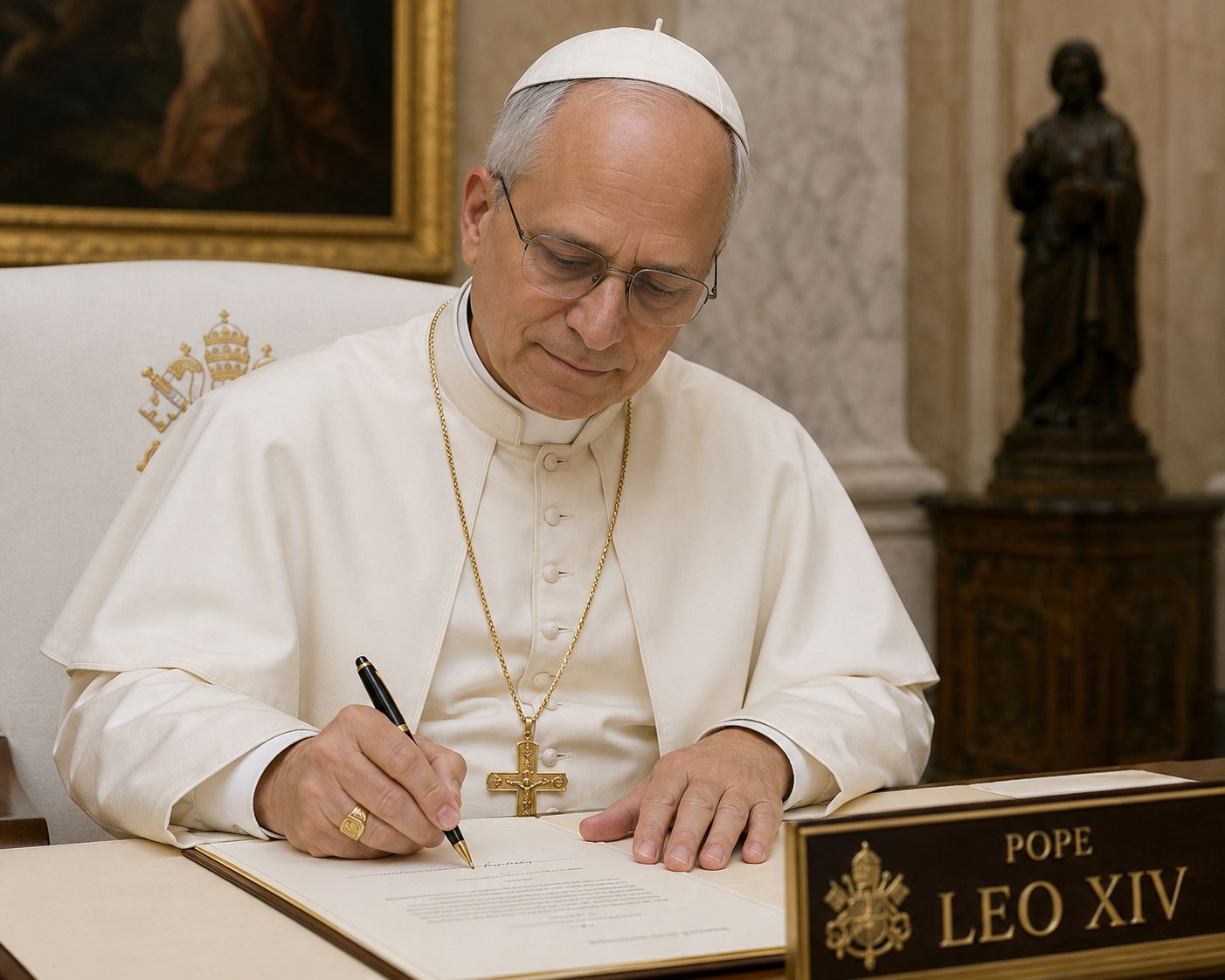 Pope Leo XIV signs financial reform documents at Vatican desk, overhauling Vatican finance watchdog with new oversight measures