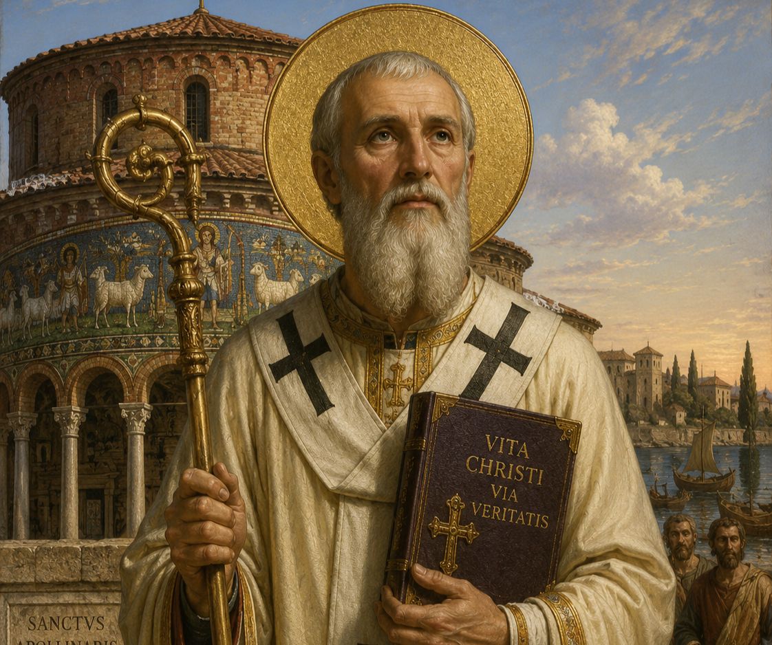 Saint Apollinaris of Ravenna depicted as a bishop holding a sword