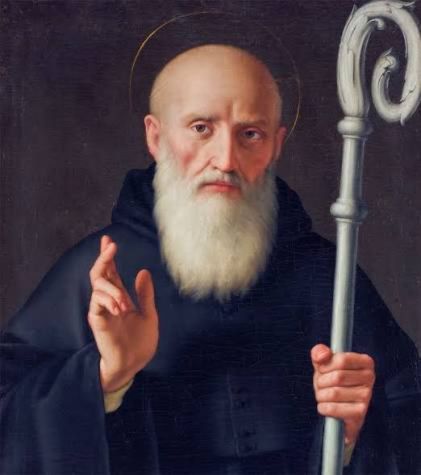 Staint Benedict of Nursia holding his monastic Rule at Monte Cassino