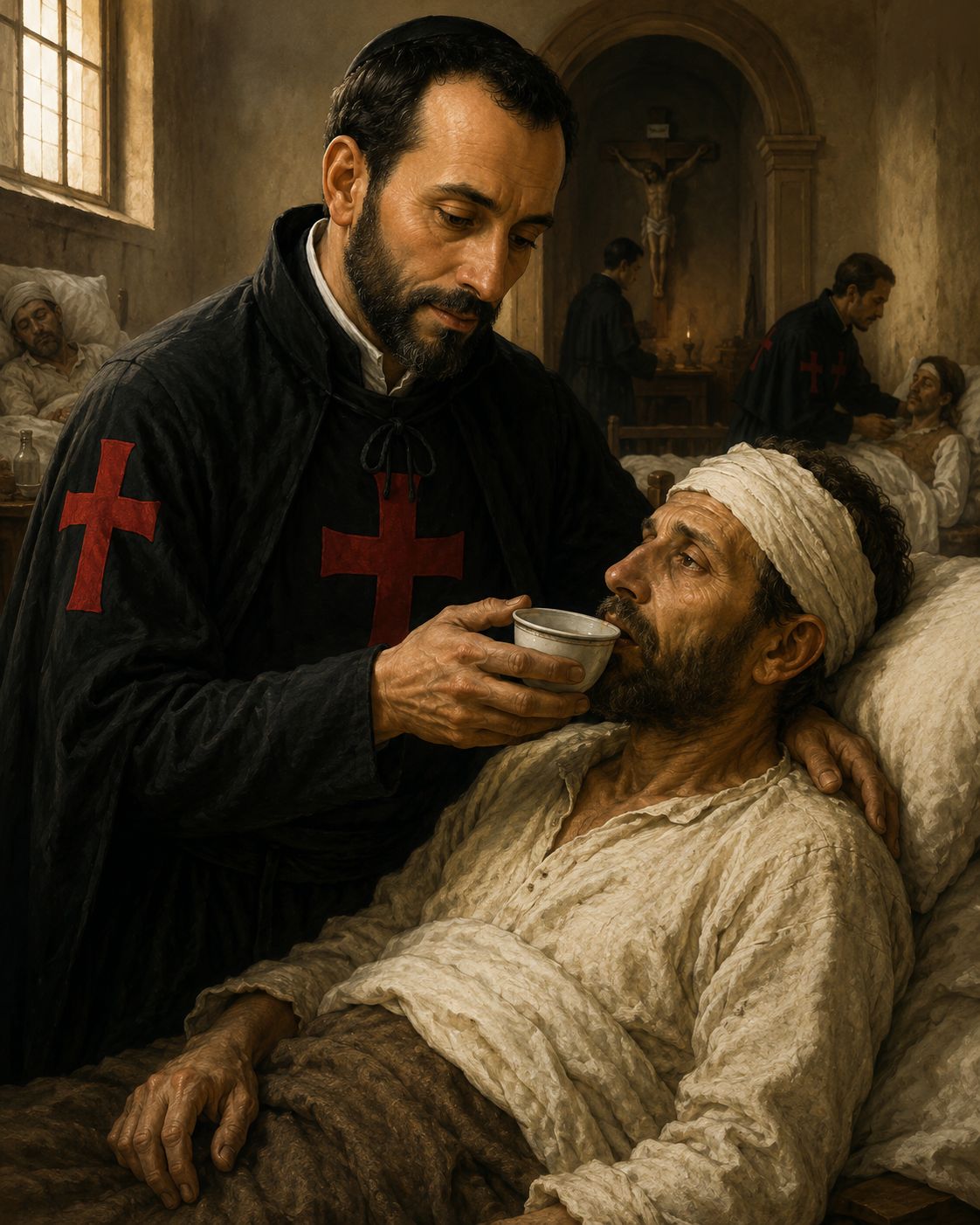 Saint Camillus de Lellis tending to a sick patient as founder of the Camillians