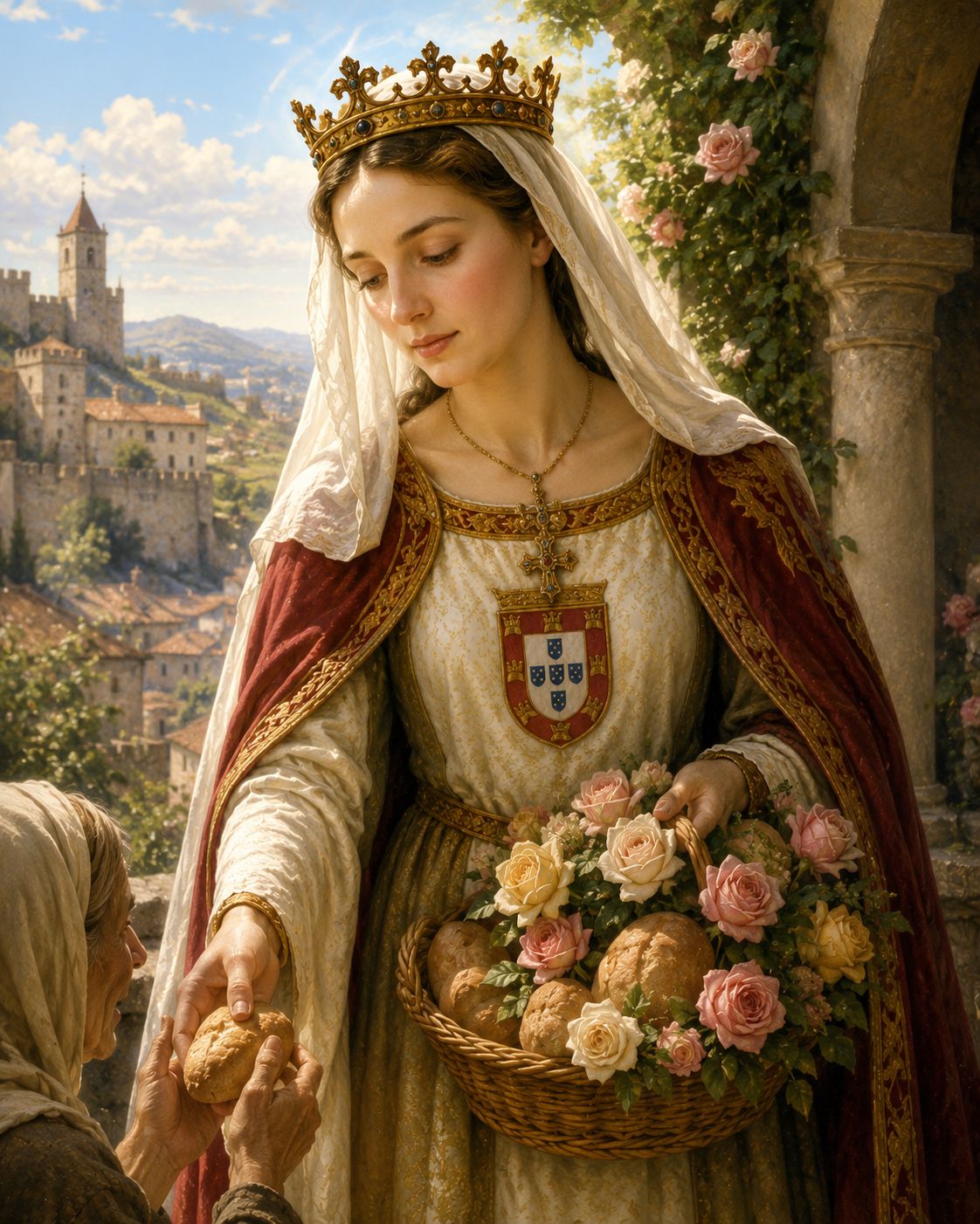 Saint Elizabeth of Portugal holding roses in royal garments