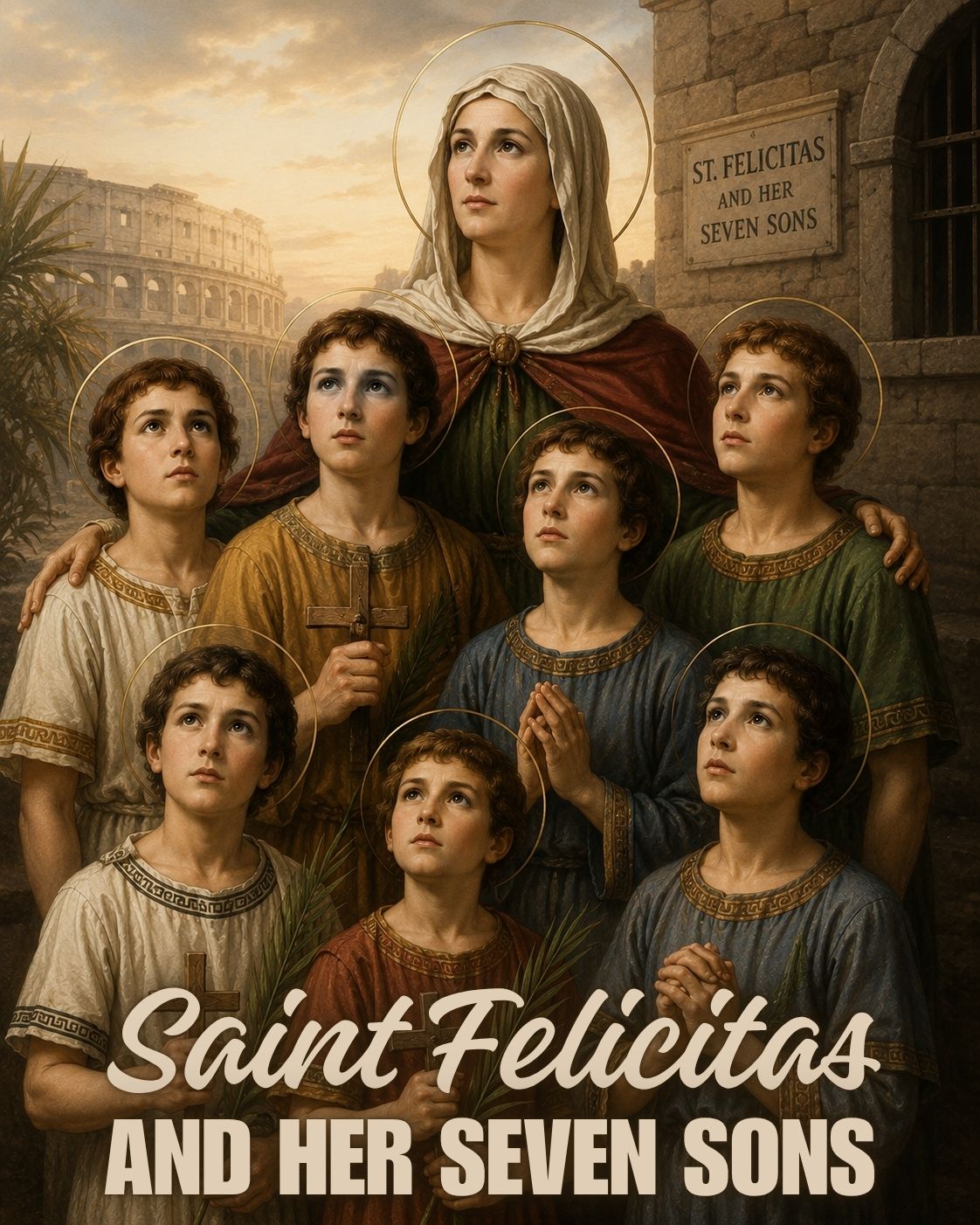 Saint Felicitas and her seven sons standing together before their martyrdom in Rome