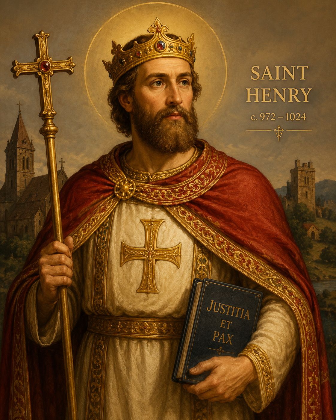 Saint Henry depicted as a holy Roman Emperor wearing a royal Regalia at the front of the Bamberg Cathedral he founded