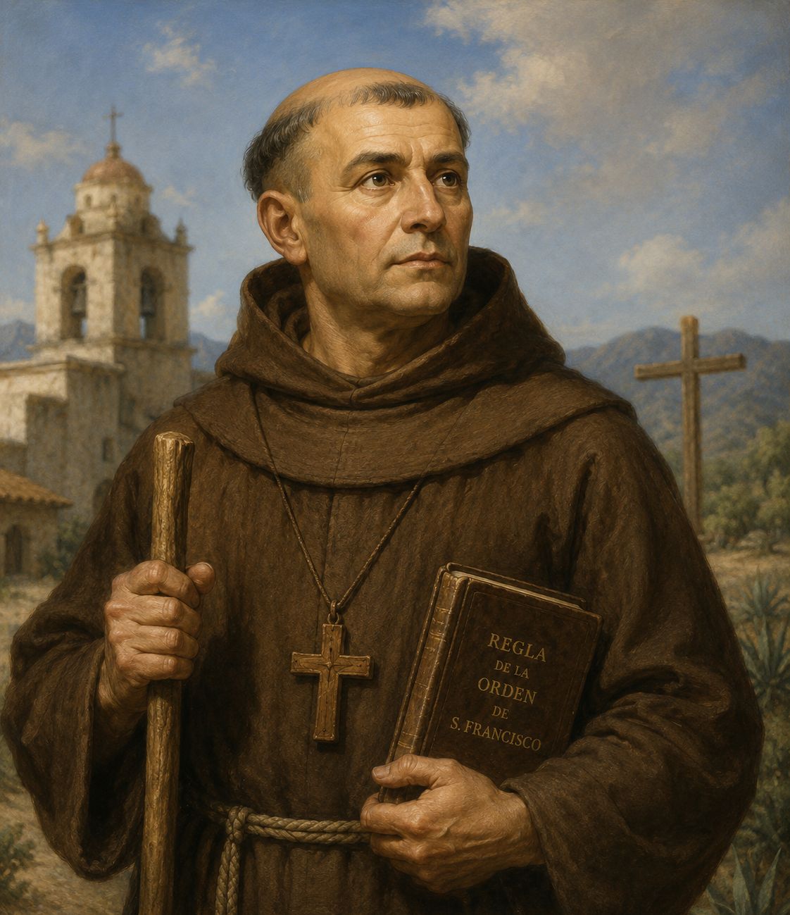 Saint Junipero Serra in Franciscan habit, depicting the Spanish missionary who founded the California mission system