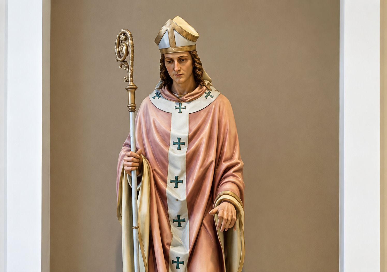 Saint Kilian depicted as an Irish-bishop, wearing a Mitre and holding a Crosier