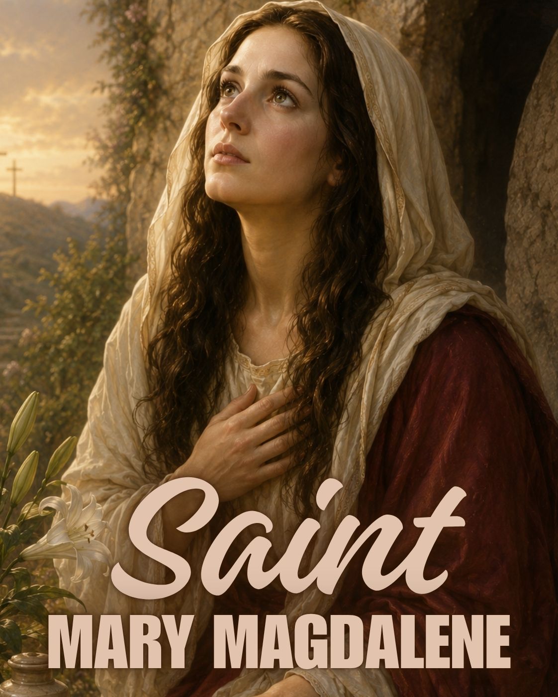 Saint Mary Magdalene kneeling before the empty tomb of Christ