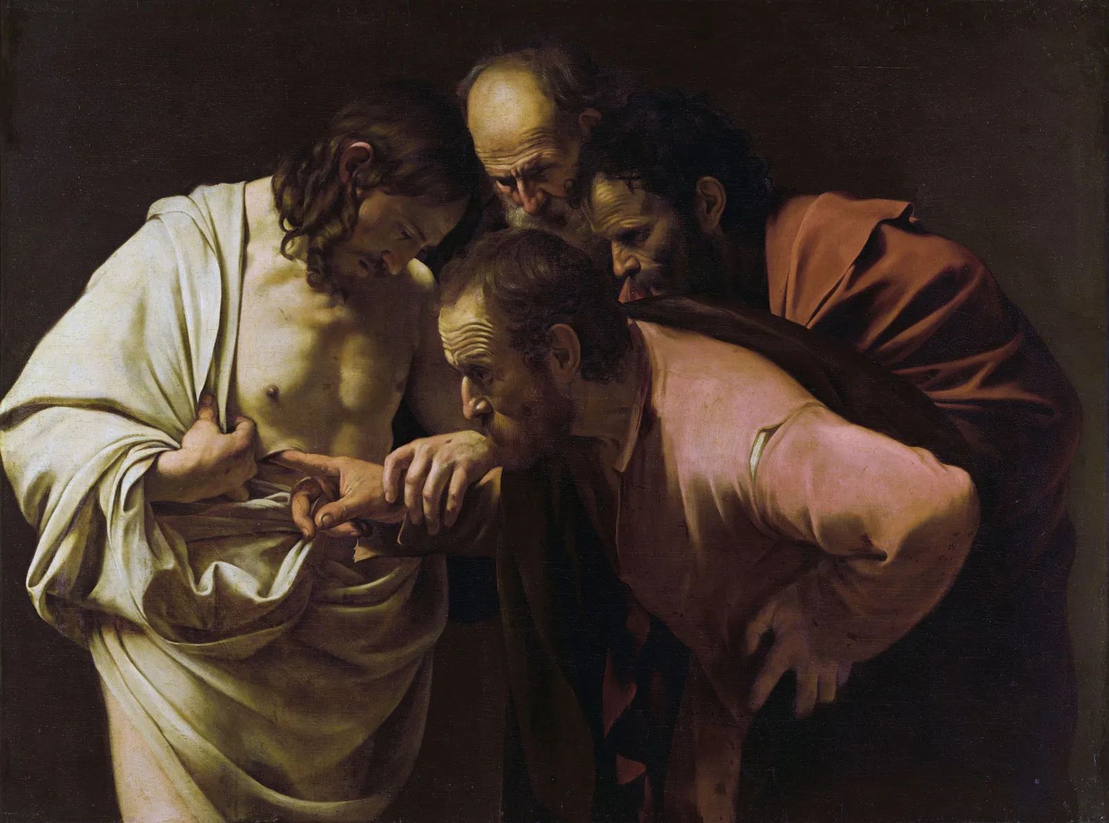 Saint Thomas the Apostle examining the wounds of the resurrected Christ, depicting the biblical scene of doubt transformed into faith