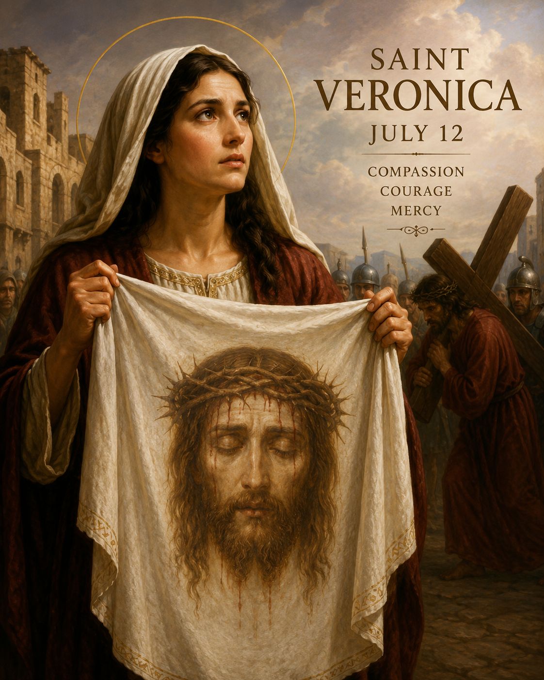 Saint Veronica holding a Veil bearing the miraculous image of Christ veil, shown with the veil that captured the hoy face of jesus