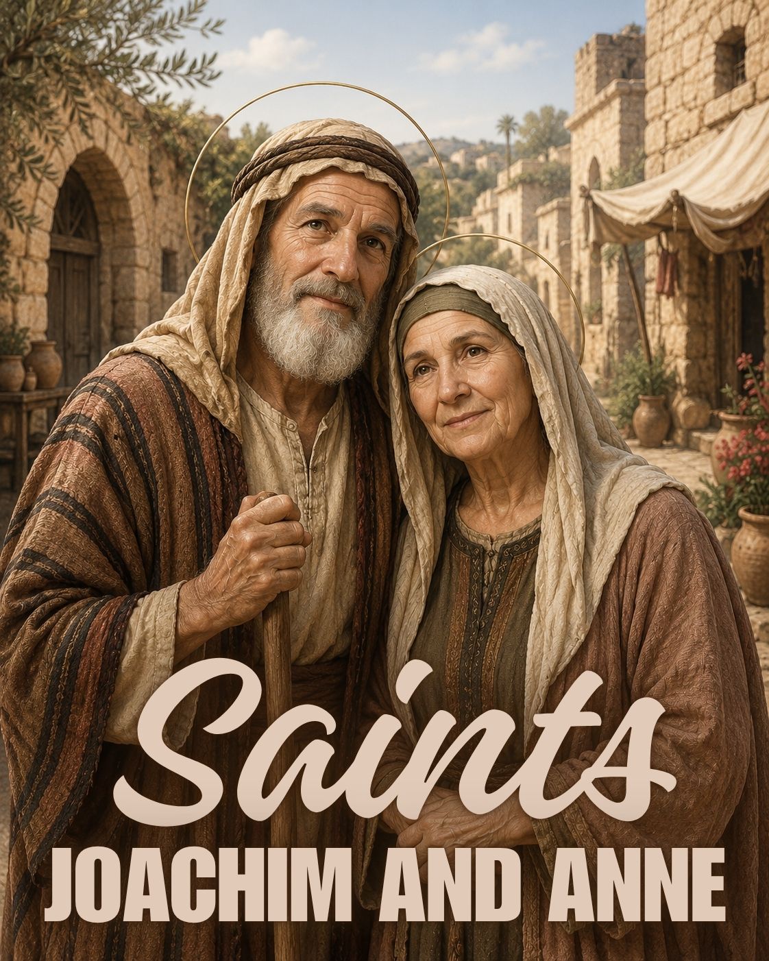 Saints Joachim and Anne embracing with young Mary, symbolizing faithful parenthood