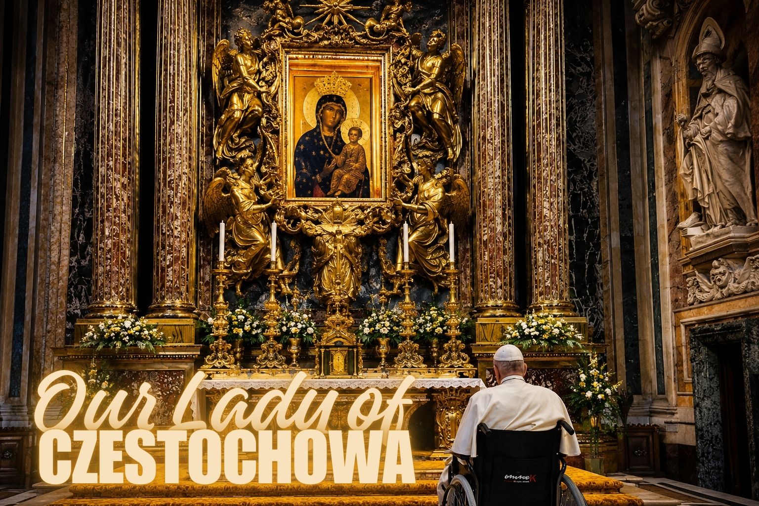Our Lady of Czestochowa icon showing the Black Madonna with Pope Francis paying homage
