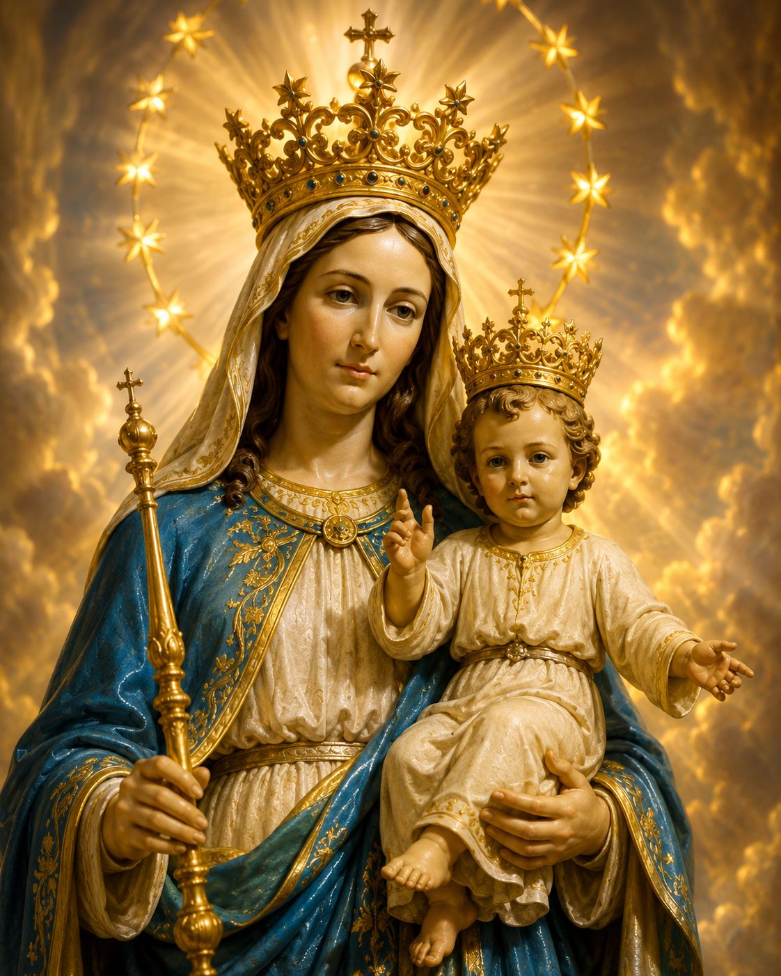Image of Our Lady wearing a golden crown, representing the Queenship of Mary