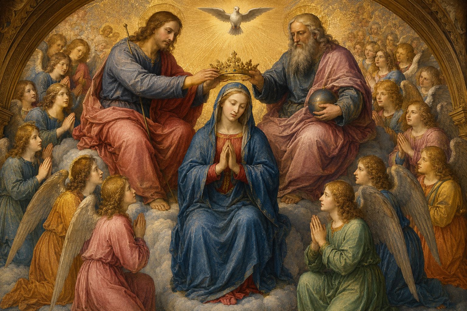 Queenship of Mary shown in a traditional Coronation of the Virgin scene