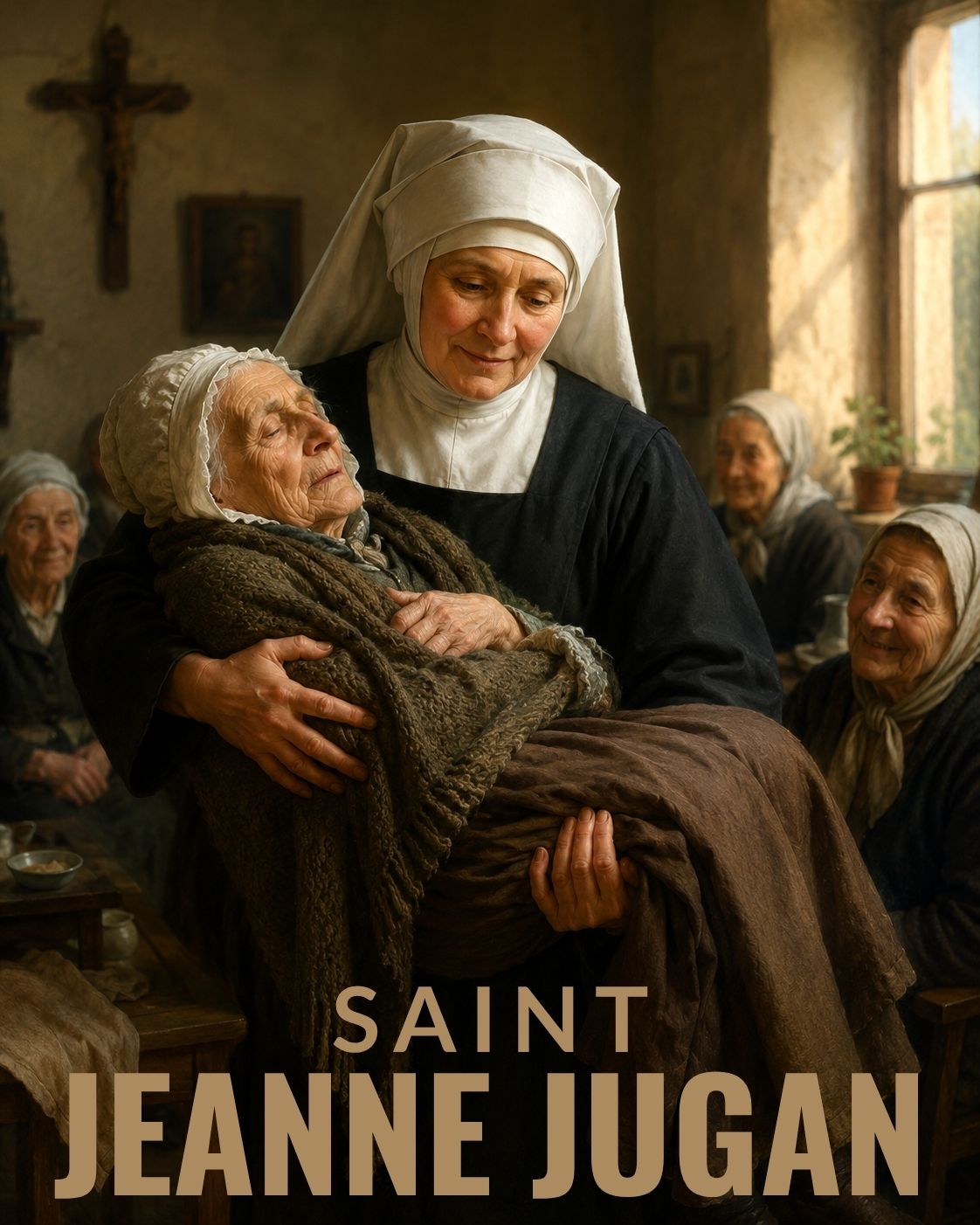 Saint Jeanne Jugan carrying an elderly woman she rescued from abandonment