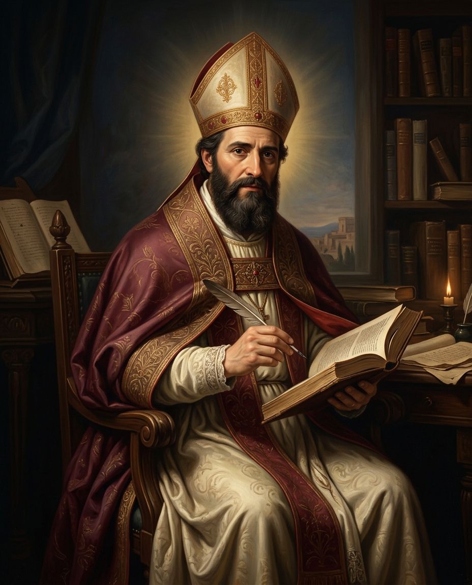 Saint Augustine of Hippo holding a book and pen while writing his theology
