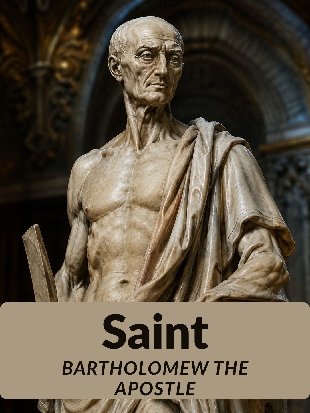 Saint Bartholomew the Apostle holding his flayed skin and a knife